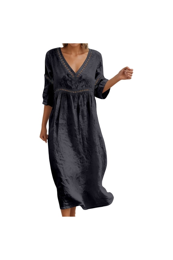 Women's V Neck Eyelet Trim Dress Three Quarter Sleeve Casual Beach Vacation Midi Dress Black S