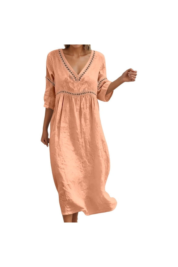 Women's V Neck Eyelet Trim Dress Three Quarter Sleeve Casual Beach Vacation Midi Dress Orange S