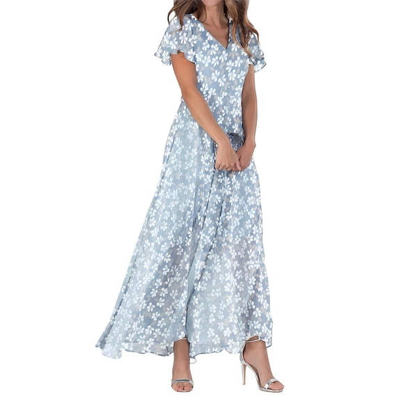SonxaHe Womens V Neck Floral Dress Ruffle Sleeve Flowy Wedding Guest Maxi Dress Blue L