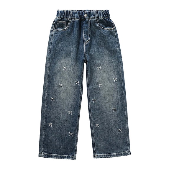 Sonxahe Allover Bow Embroidered Denim Jeans for Toddler Girls Elastic Waist Casual Pants Daily Play Bottoms,Blue