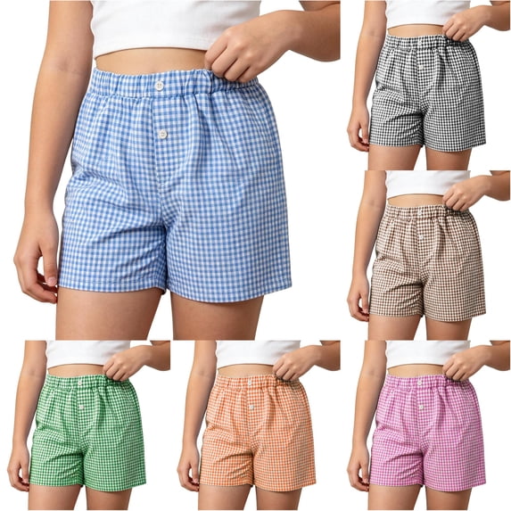 Sonxahe Big Girl's Elastic Waist Casual Shortsgingham Plaid Loose Bottoms Summer Outdoor Athletic Shorts,Blue