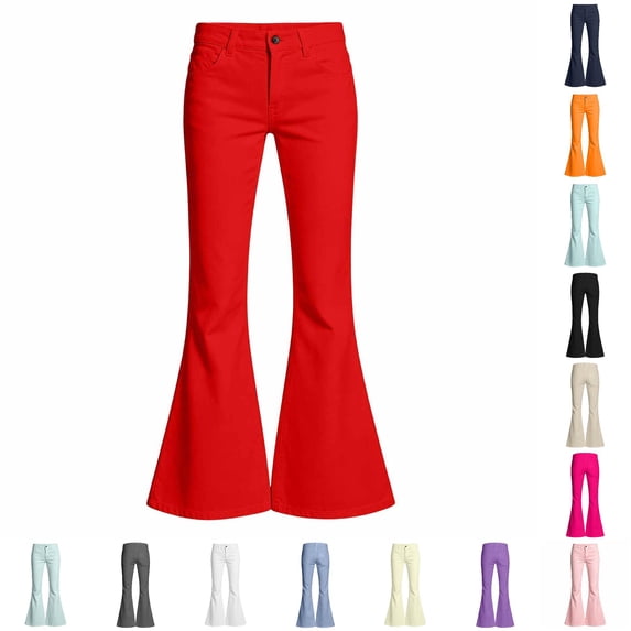 Sonxahe Big Girl's Solid Flared Denim Jeans Mid Rise Stretch Casual Trousers Bottoms,Red