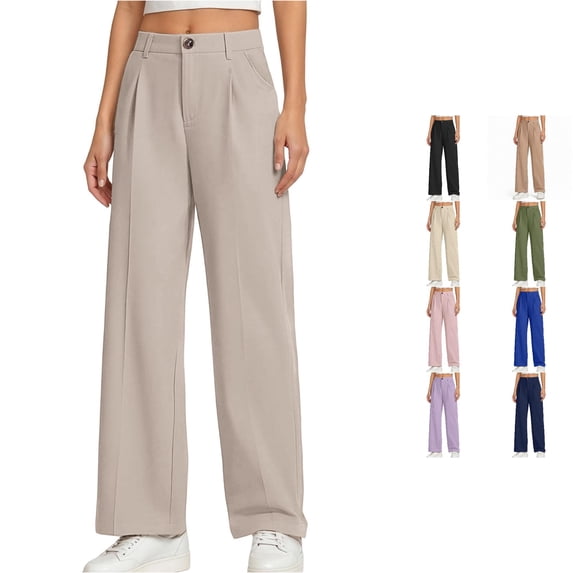 Sonxahe Toddler Girl Solid Wide Leg Dress Pants Straight Fit High Waist Casual Trousers,Beige