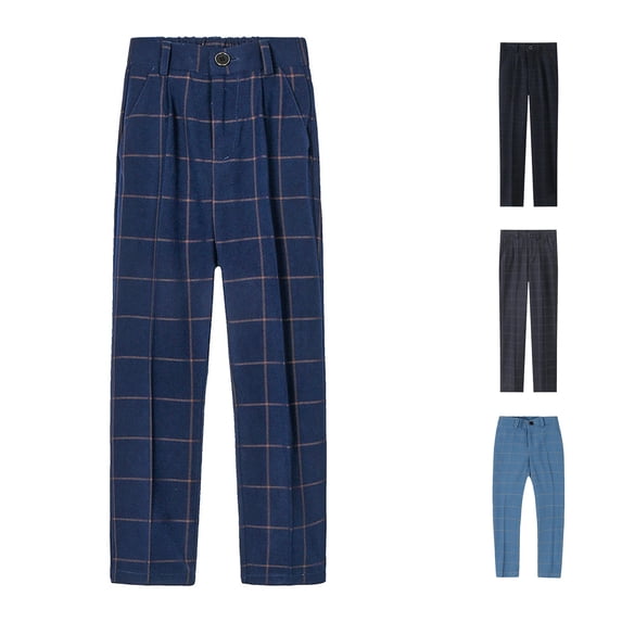Sonxahe Tween Boy's Classic Straight Fit Dress Trousers Solid Plaid Formal Wear Casual Pants School Bottoms,Navy