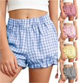 thumbnail image 1 of Sonxahe Tween Girl's Ruffle Hem Casual Shortsgingham Plaid Puffy Bottoms Summer Playwear Denim Shorts,Blue, 1 of 4