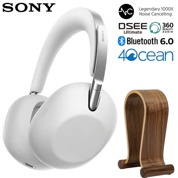 Sony 1000X THE COLLEXION Wireless Noise Cancelling Headphones - Platinum WH1000XX/W Bundle with Deco Essentials Wood Headphone Display Stand Secure Tabletop Holder
