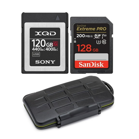 Sony 120GB XQD G Series Memory Card with 128GB SDXC Card and Memory Storage Case