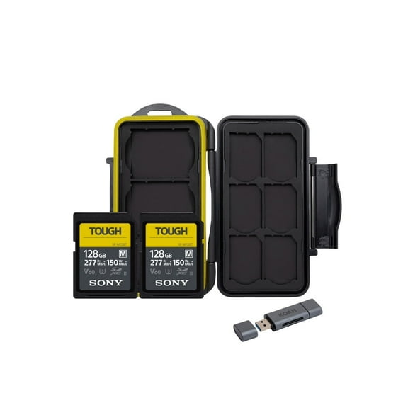Sony 128GB SF-M Series High-Speed Tough SD Card (2-Pack) Bundle with SD Card Reader and Memory Storage Carrying Case (3 Items)