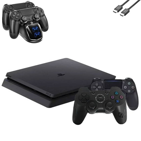 Restored Sony 2215A PlayStation 4 Slim 500GB Gaming Console Black with Charging Dock HDMI Cable 2 Controller Bolt Axtion (Refurbished)