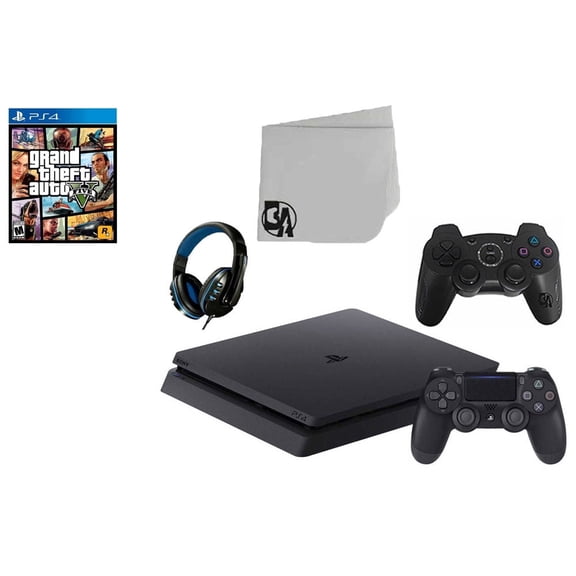Pre-Owned Sony 2215B PlayStation 4 Slim 1TB Gaming Console Black 2 Controller Included with GTA V Game BOLT AXTION Bundle Lke New