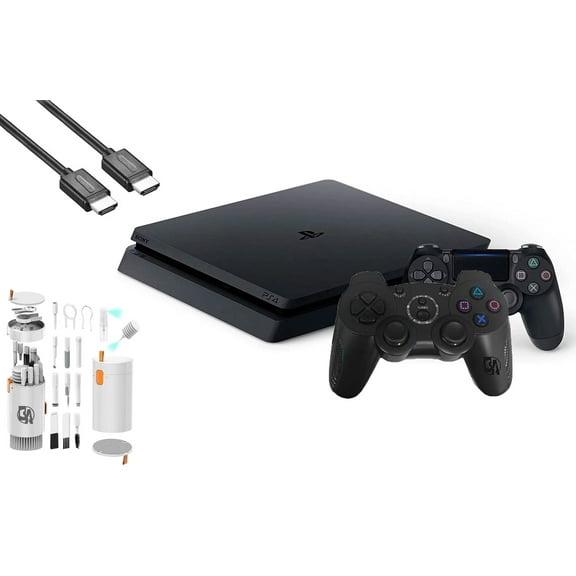 Pre-Owned Sony 2215B PlayStation 4 Slim 1TB Gaming Console Black, HDMI Cable 2 Controller With BOLT AXTION Cleaning Kit Bundle