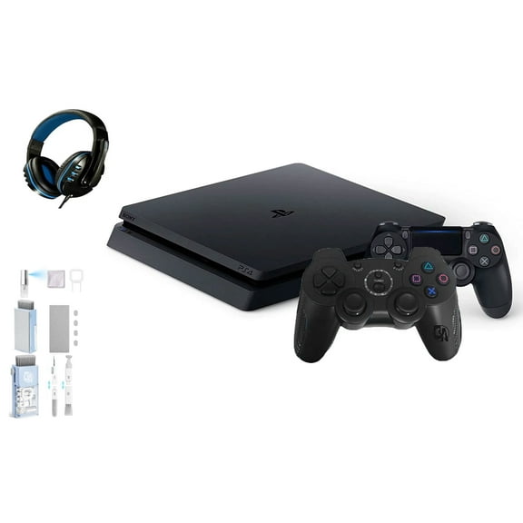 Pre-Owned Sony 2215B PlayStation 4 Slim 1TB Gaming Console Black, Headset 2 Controller With BOLT AXTION Cleaning Kit Bundle
