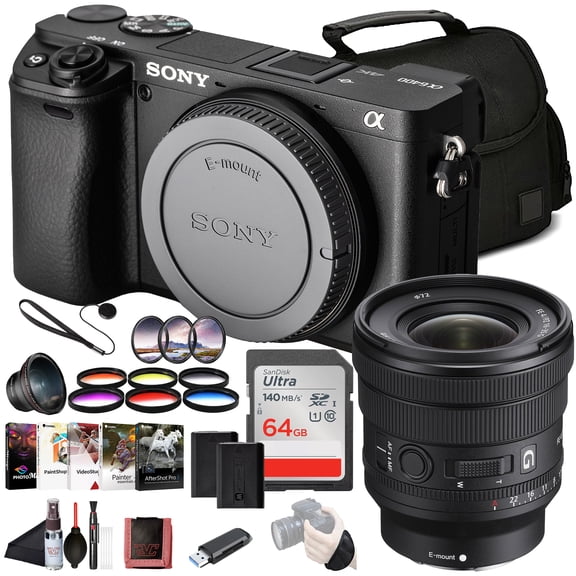 Sony 6400 APS-C Mirrorless Camera (ILCE-6400/B) Real-Time Eye AF, 11 fps, 4K, Flip-Up Screen, Lightweight, Vlog-Friendly | Sony FE PZ 16-35mm Lens, Filter Kit, Wide Angle Lens and More