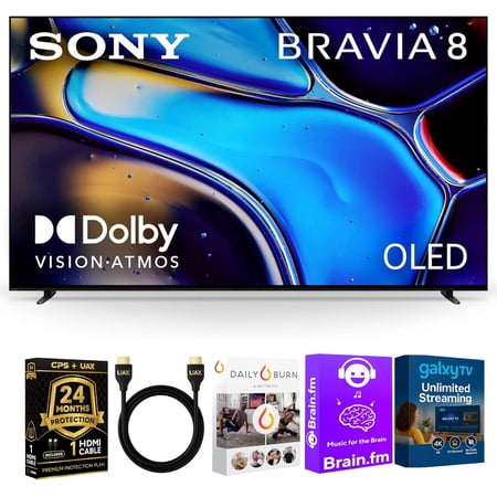 Sony 65-Inch BRAVIA 8 OLED 4K HDR Google TV Bundle – XR OLED Contrast, Dolby Vision, 120Hz, Acoustic Surface Audio+, HDMI 2.1 w/ 24-Month CPS Protection Plan, UAX HDMI Cable, Streaming Bundle