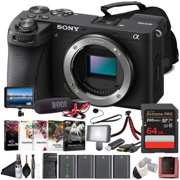 Sony 6700 APS-C Mirrorless Camera (ILCE-6700)  26 MP Exmor R Sensor |4K 120p/10-bit Video | 4K Monitor, VideoMic, 2 x 64GB Card, 3 x NP-FZ100 Battery, Card Reader and More