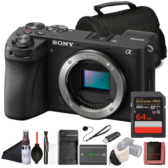 Sony 6700 APS-C Mirrorless Camera (ILCE-6700)  26 MP Exmor R Sensor |4K 120p/10-bit Video | 64GB Card, Card Reader, Case, Tripod, Hand Strap, Memory Card Wallet and More