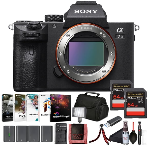 Sony 7 III Full-Frame Mirrorless Camera Body (ILCE-7M3/B) 24.2 MP BSI Sensor, 4K HDR Video | 2 x 64GB Memory Card, 3 x NP-FZ-100 Battery, Case, External Charger and More