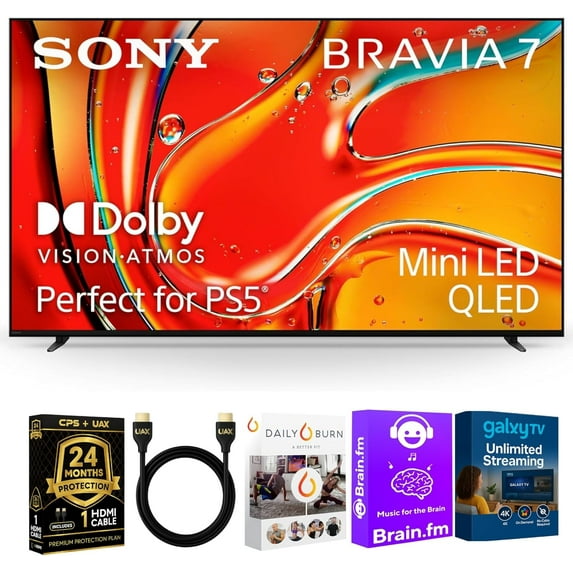 Sony 75-Inch BRAVIA 7 4K HDR Mini LED QLED Smart Google TV with Dolby Vision, PS5 Exclusive Features, HDMI 2.1, XR Processor – Bundle with 2-Year CPS Protection, AUX HDMI Cable & Streaming Bundle