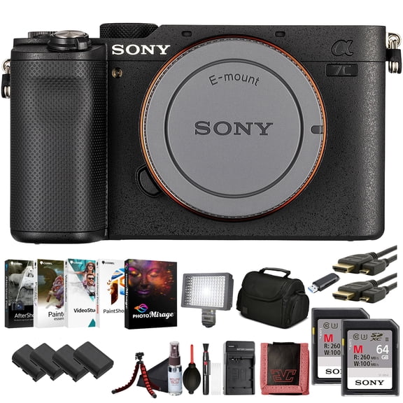 Sony 7C Full-Frame Mirrorless Camera Body Black (ILCE-7C/B)  24.2 MP Exmor R Sensor, 4K Video, Compact Design | 2 x 64GB Memory Card, 3 x NP-FZ-100 Battery, Photo Software and More