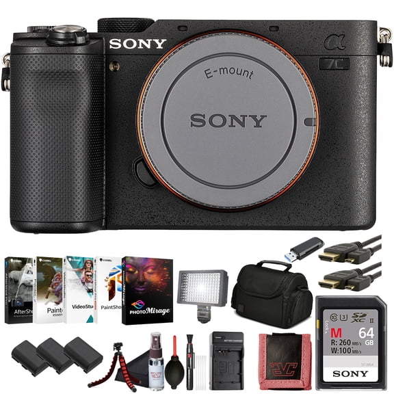 Sony 7C Full-Frame Mirrorless Camera Body Black (ILCE-7C/B)  24.2 MP Exmor R Sensor, 4K Video, Compact Design | 64GB Card, 2 x NP-FZ-100 Battery, Photo Software, Case, Card Reader and More