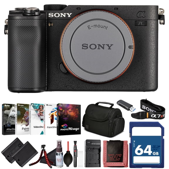 Sony 7C Full-Frame Mirrorless Camera Body Black (ILCE-7C/B)  24.2 MP Exmor R Sensor, 4K Video, Compact Design | 64GB Memory Card, NP-FZ-100 Battery, Photo Software, Case, External Charger and More