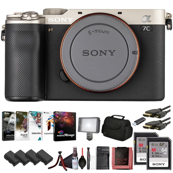 Sony 7C Full-Frame Mirrorless Camera Body Black (ILCE-7C/S)  24.2 MP Exmor R Sensor, 4K Video, Compact Design | 2 x 64GB Memory Card, 3 x NP-FZ-100 Battery, Photo Software, Case and More