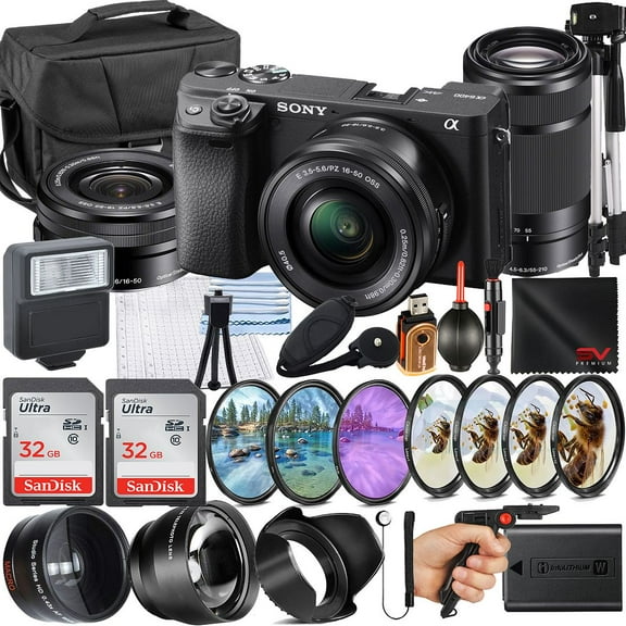 Sony A6400 Mirrorless Camera with with 55-210mm Lens + 16-50mm Lens + SanDisk 32GB Memory Card + Pistol Grip Tripod + SV Premium Accessory Bundle (International Model)