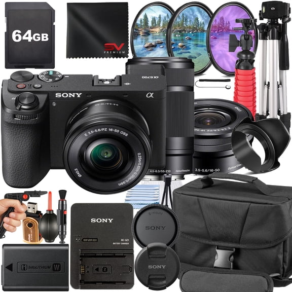 Sony A6400 Mirrorless Camera with 55-210mm Lens + 16-50mm Lens + SanDisk 64GB Memory Card + Tripod + SV Premium Accessory Bundle (International Model)