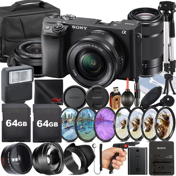 Sony A6400 Mirrorless Camera with with 55-210mm Lens + 16-50mm Lens + SanDisk 64GB Memory Card + Pistol Grip Tripod + SV Premium Accessory Bundle (International Model)