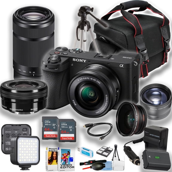 Sony a6700 Mirrorless Camera International Version (No Manufacturer Warranty) w/ 16-50mm & 55-210mm Lenses + 64GB + Portable LED Light + Cleaning Kit + Accessories