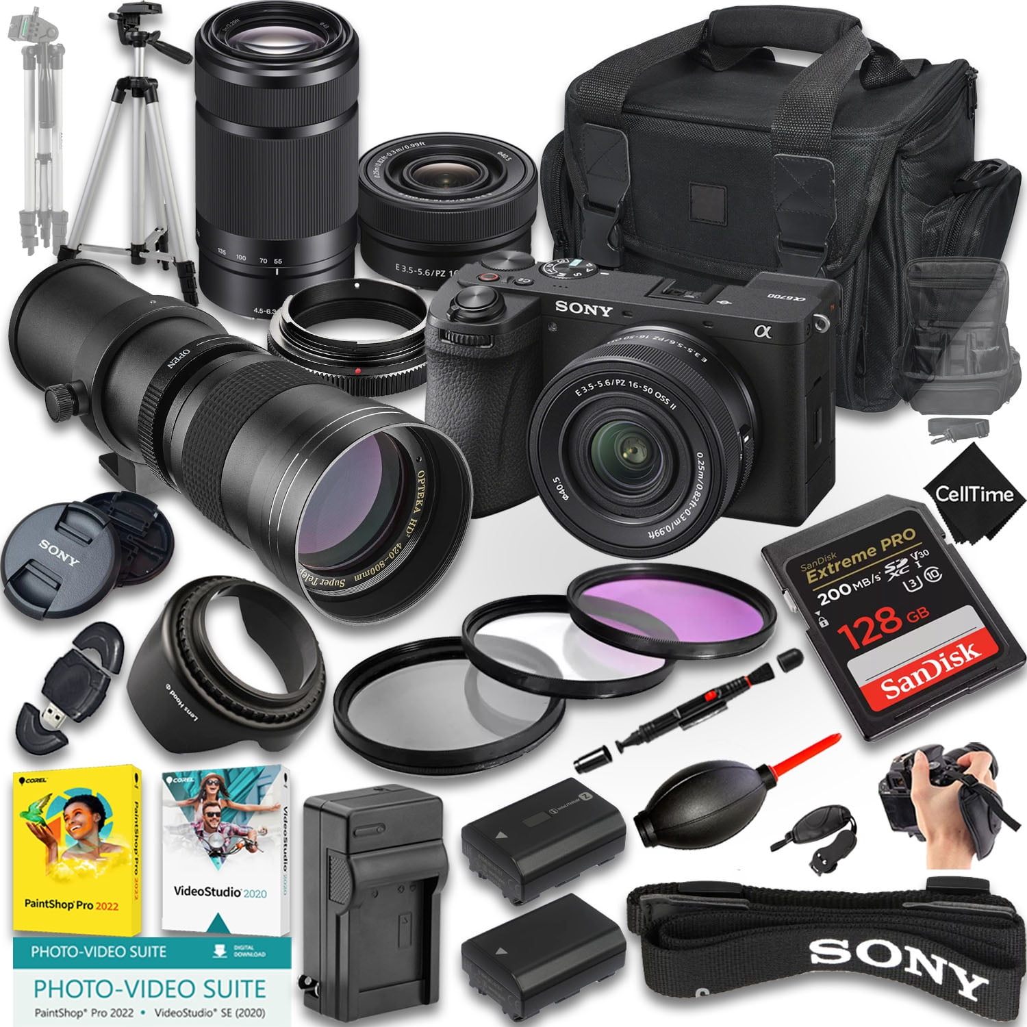 Sony A6700 Mirrorless Camera With E PZ 16-50mm f/3.5-5.6 OSS & E 55-210mm f/4.5-6.3 & 420-800mm f/8 Lens + 128 GB Memory + Extra Battery + Camera Case + More (24pc Bundle) (International Model)