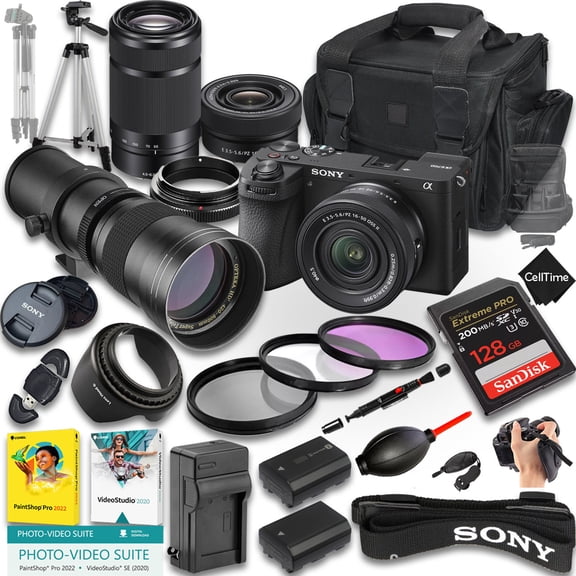 Sony A6700 Mirrorless Camera With E PZ 16-50mm f/3.5-5.6 OSS & E 55-210mm f/4.5-6.3 & 420-800mm f/8 Lens + 128 GB Memory + Extra Battery + Camera Case + More (24pc Bundle) (International Model)