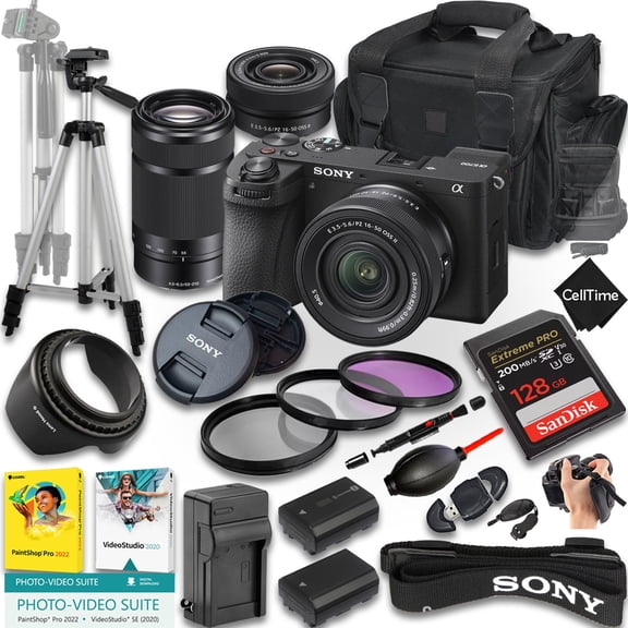 Sony A6700 Mirrorless Camera With E PZ 16-50mm f/3.5-5.6 OSS & E 55-210mm f/4.5-6.3 Lens + 128 GB Memory + Extra Battery + Camera Case + Tripod + More (22pc Bundle) (International Model)