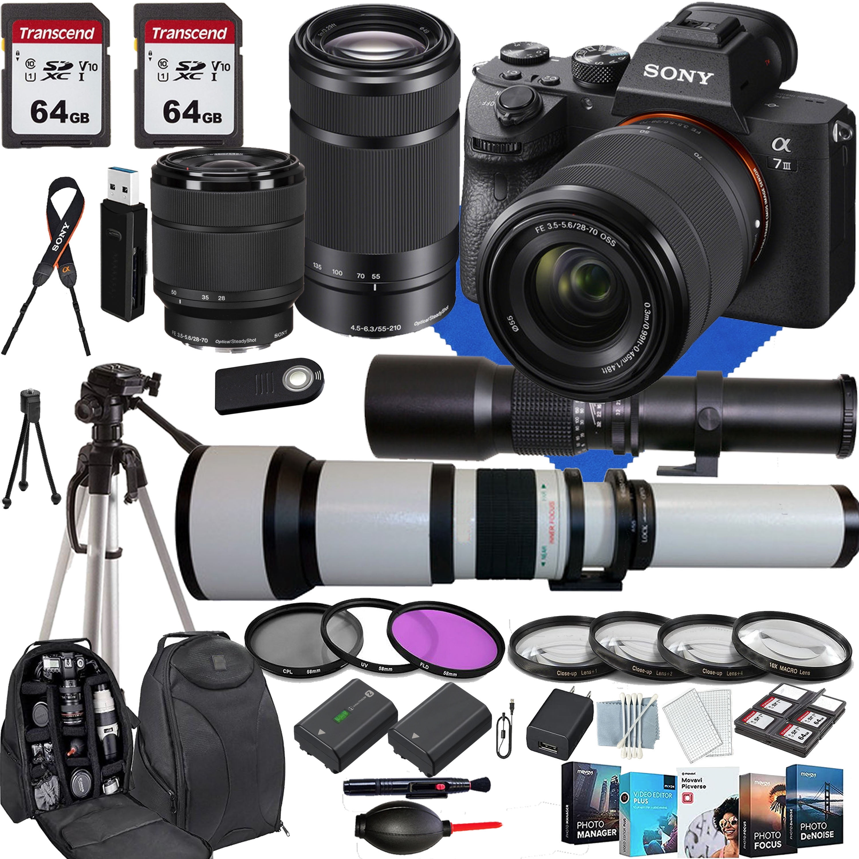 Sony A7III Mirrorless Camera with Sony FE 28-70mm Lens+Sony E 55-210mm+500mm f/8.0 Telephoto Lens+Case+650-1300mm f/8 Telephoto Zoom Lens+128 GIG Sony A7III Mirrorless Camera with Sony FE 28-70mm Lens+Sony E 55-210mm+500mm f/8.0 Telephoto Lens+Case+650-1300mm f/8 Telephoto Zoom Lens+128 GIG