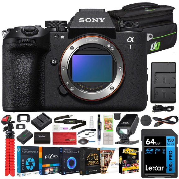 Sony Alpha 1 II Full-frame Mirrorless Interchangeable Lens Camera (Body) ILCE1M2B Bundle with Deco Photo Camera Bag + Flash Speedlite + 64GB Memory Card + Extra Battery + Charger + Software Kit