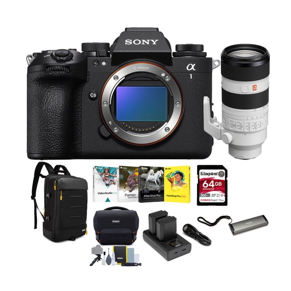Sony Alpha 1 Mark II Mirrorless Camera with FE 70-200mm f/2.8 GM OSS II Lens, Backpack, 64GB Memory Card, 2-Pack Batteries, Card Reader, Bag with Cleaning Kit and Softwares Bundle (8 Items)