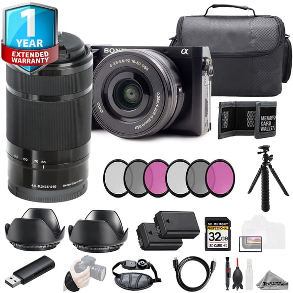 Sony Alpha 6100 w/16-50mm & 55-210mm Lenses +32GB + Ext Bat+ 1Yr Warranty- Kit (International Version)