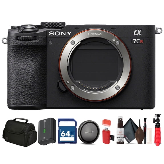 Sony Alpha 7CR Mirrorless Full-Frame Interchangeable Lens Hybrid Camera (ILCE-7CR/B) + 64GB Card + Camera Bag + Card Reader + Flex Tripod + Cleaning Kit