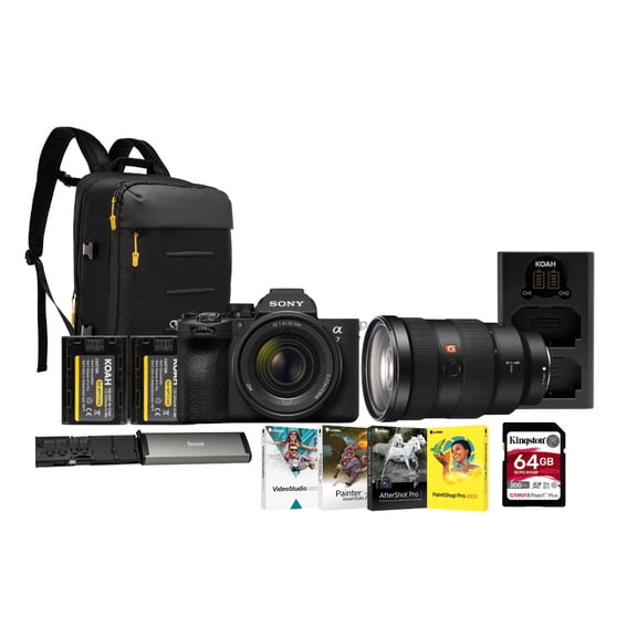 Sony Alpha 7V Mirrorless Camera with 28-70mm II Lens, 28-70mm f/2 GM Lens, Backpack, 2-Pack Batteries, 64GB Memory Card, Reader and Softwares Bundle (7 Items)