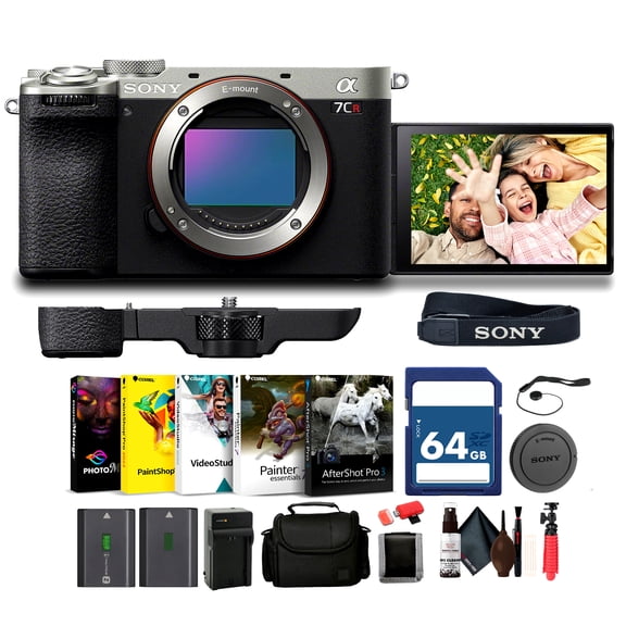 Sony Alpha A7CR Full-Frame Compact Mirrorless Camera (Silver) (ILCE-7CR/S) + 64GB Card + Bag + NP-FZ100 Compatible Battery + External Charger + Card Reader + Photo Software + More