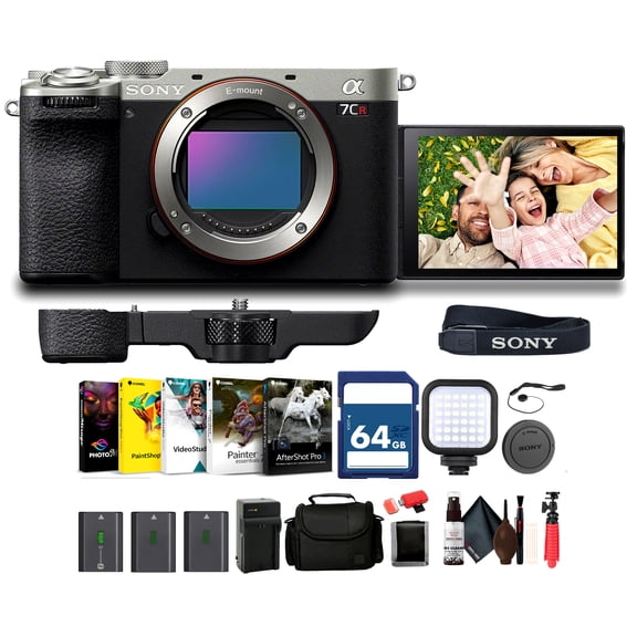 Sony Alpha A7CR Full-Frame Compact Mirrorless Camera (Silver) (ILCE-7CR/S) + 64GB Memory Card + Bag + 2 x NP-FZ100 Compatible Battery + External Charger + Card Reader + LED Light + More
