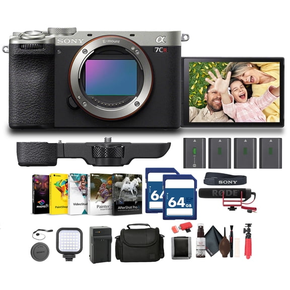 Sony Alpha A7CR Full-Frame Compact Mirrorless Camera (Silver) (ILCE-7CR/S) + Pro Mic + 2 x 64GB Memory Card + Bag + 3 x NP-FZ100 Compatible Battery + External Charger + Card Reader + More