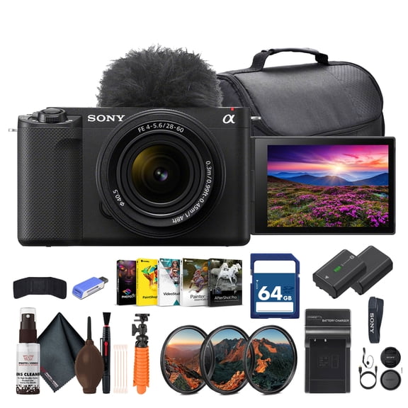 Sony Alpha ZV-E1 Full-frame Mirrorless Vlogging Camera with 28-60mm Lens - Black (ILCZVE1L/B) + 64GB Card + Filter Kit + Bag + NP-FZ100 Compatible Battery + External Charger + More