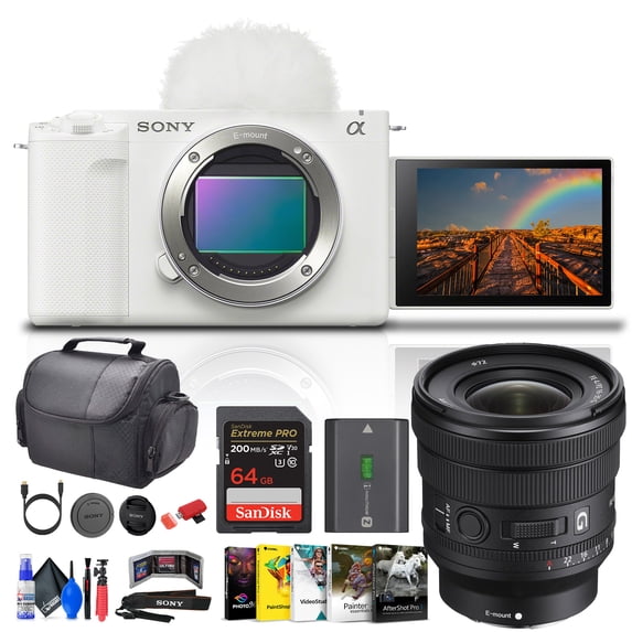 Sony Alpha ZV-E1 Full-frame Vlog Mirrorless Lens Camera (White) (ILCZVE1/W) + Sony Alpha FE PZ 16-35mm Lens + 64GB Card + Corel Photo Software + Card Reader + Case + Flex Tripod + More