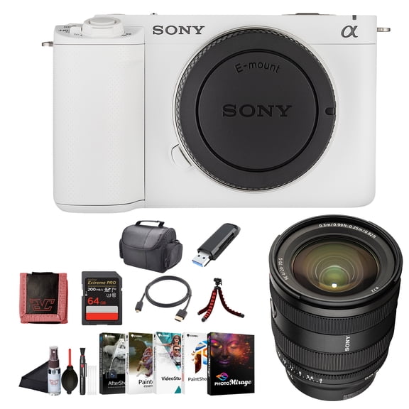 Sony Alpha ZV-E1 Full-frame Vlog Mirrorless Lens Camera White ILCZVE1/W, Sony FE 20-70mm G Lens, 64GB Card, Corel Photo Software, Card Reader, Case, Flex Tripod, Cleaning Kit