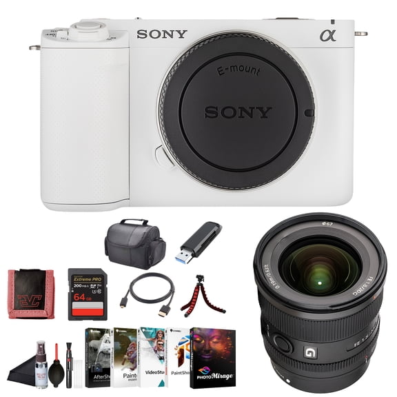 Sony Alpha ZV-E1 Full-frame Vlog Mirrorless Lens Camera White ILCZVE1/W, Sony FE 20mm G Lens, 64GB Card, Corel Photo Software, Card Reader, Case, Flex Tripod, Cleaning Kit