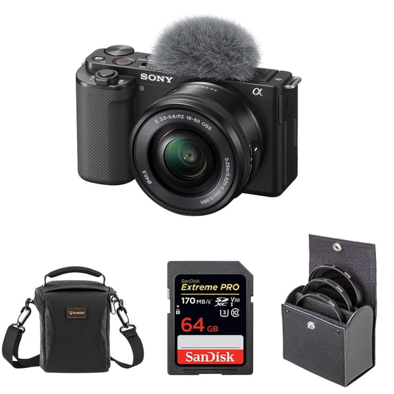 Sony Sony ZV-E10 APS-C Mirrorless Interchangeable Lens Vlogging Camera with 16-50mm Lens, Black - Bundle with 64GB SD Card, Shoulder Bag, 40.5mm Filter Kit