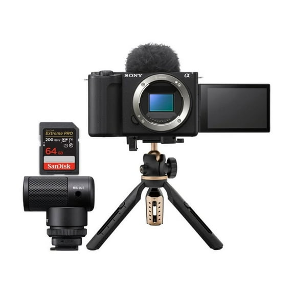 Sony Alpha ZV-E10 II Content Creators’ Camera Body (Black) Bundle with Vlogger Shotgun Microphone, Joey Mini Extendable Tripod with Built-In Phone Mount, and SDXC UHS-I Memory Card (4 Items)