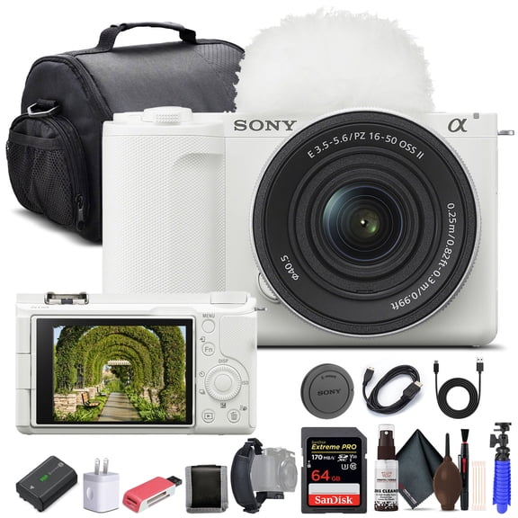 Sony Alpha ZV-E10 II Mirrorless Camera with 16-50mm Lens (White) - 64GB Memory Card , Bag , Card Reader , HDMI Cable , Flex Tripod , Hand Strap , Memory Wallet , Cleaning Kit