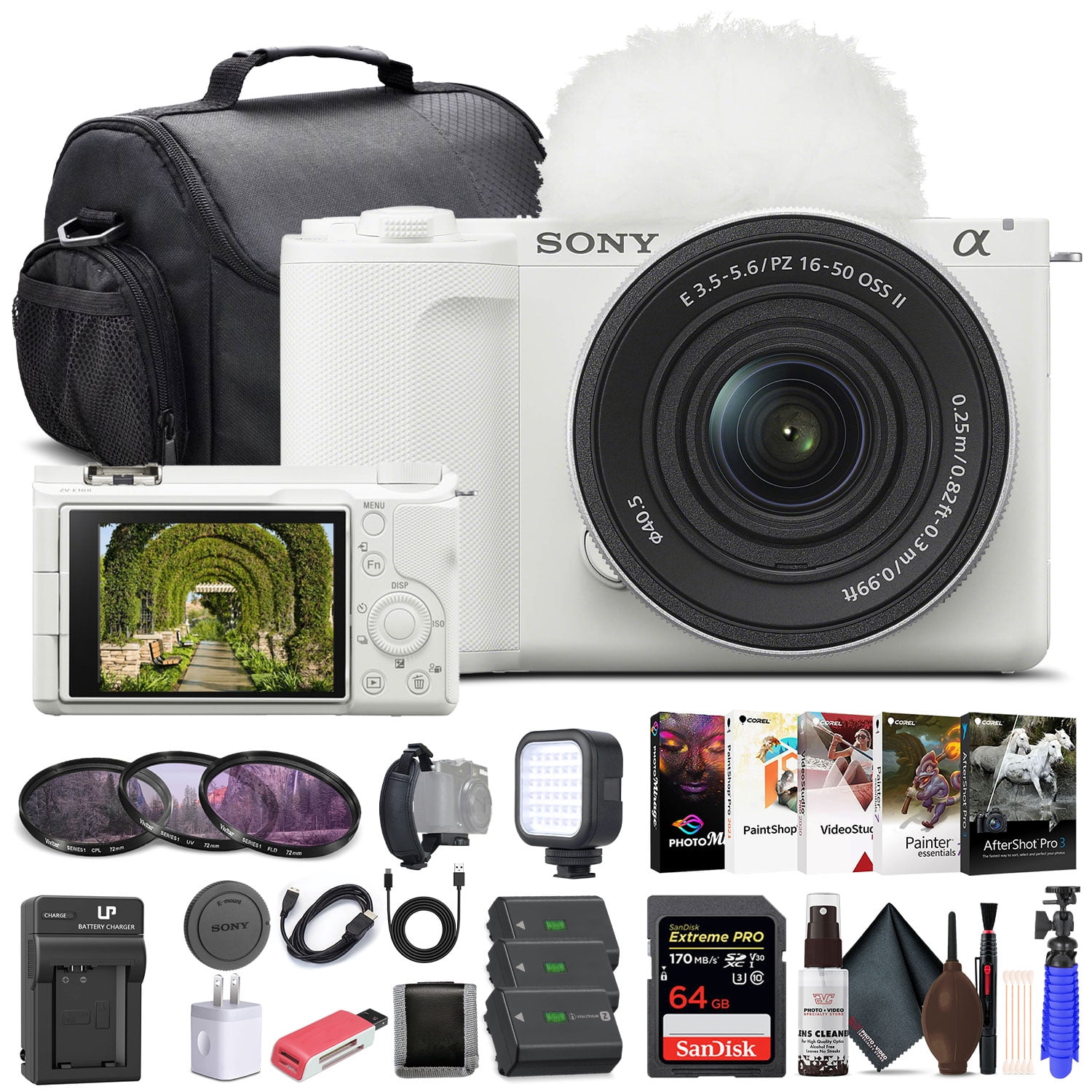 Sony Alpha ZV-E10 II Mirrorless Camera with 16-50mm Lens (White) - 64GB Memory Card , Filter Kit , Photo Software , Bag , 2 x NP-FZ100 Battery , External Charger , Card Reader , More